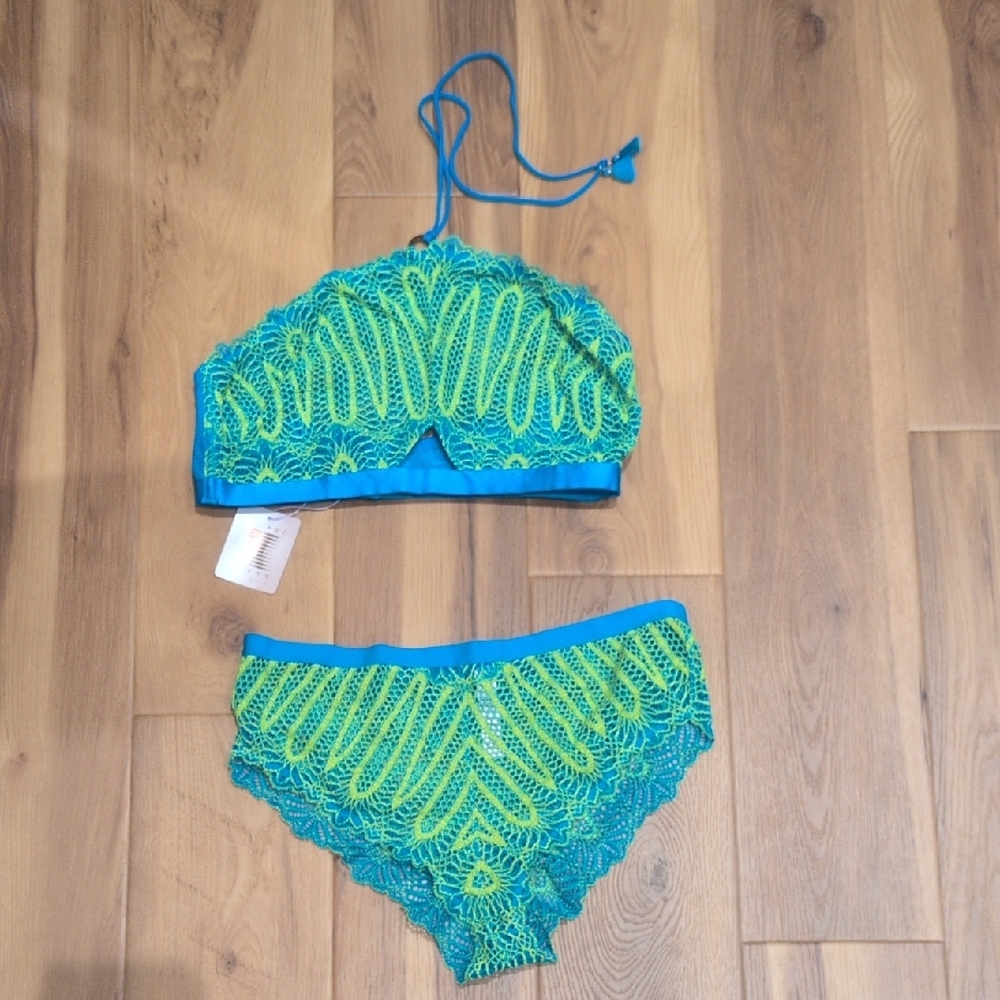Vibrant Blue and Green Halter Lingerie Set